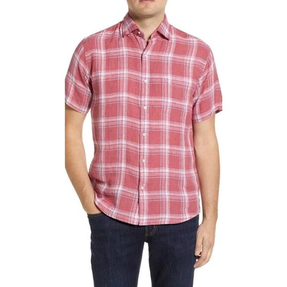 PETER MILLAR Seaside Mens North Shore Pink Red Linen Short Sleeve Sport Shirt XL - Picture 1 of 7